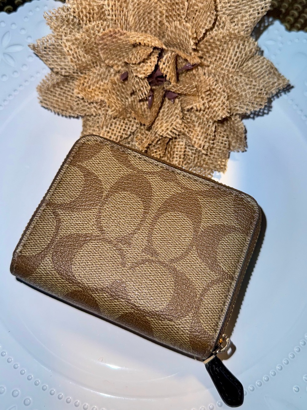Coach Brown Leather & Signature Canvas Studded Wallet - Picture 5 of 7